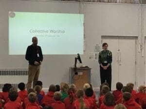 Assembly with Mr May and Mother Jo at the front